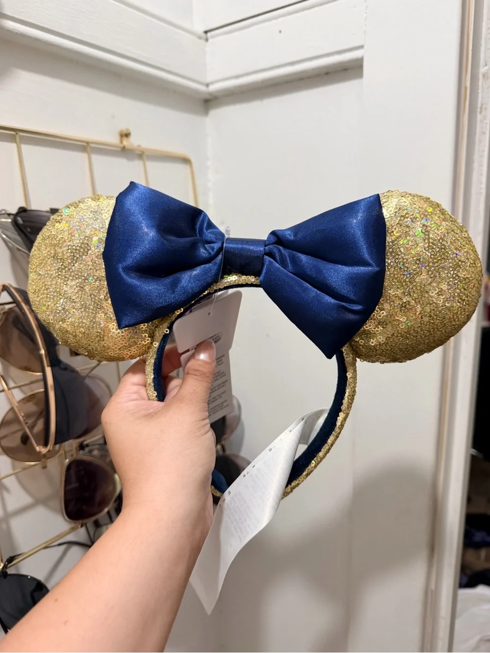 Disney Gold Sequin Minnie Ears Headband with Navy Bow